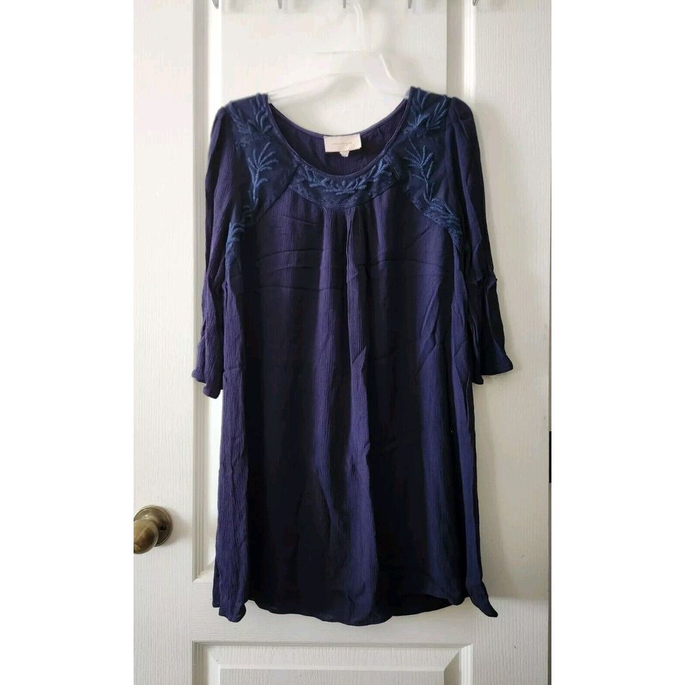 Skies Are Blue Casual Crinkle Embroidered Dress Scoop Neck Navy Blue Rayon L